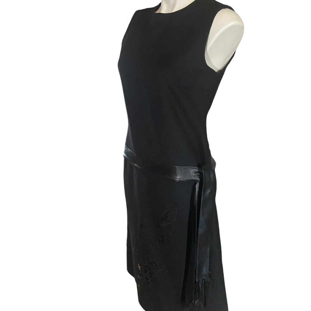 Kenar Black Wool Sleeveless Dress Fringe Belt Accent Size 8 Floral Cut Outs